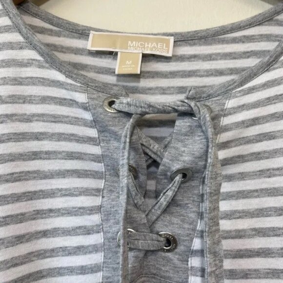 Michael Michael Kors Gray and White Striped Lace up 3/4 Sleeve Top - Picture 2 of 7